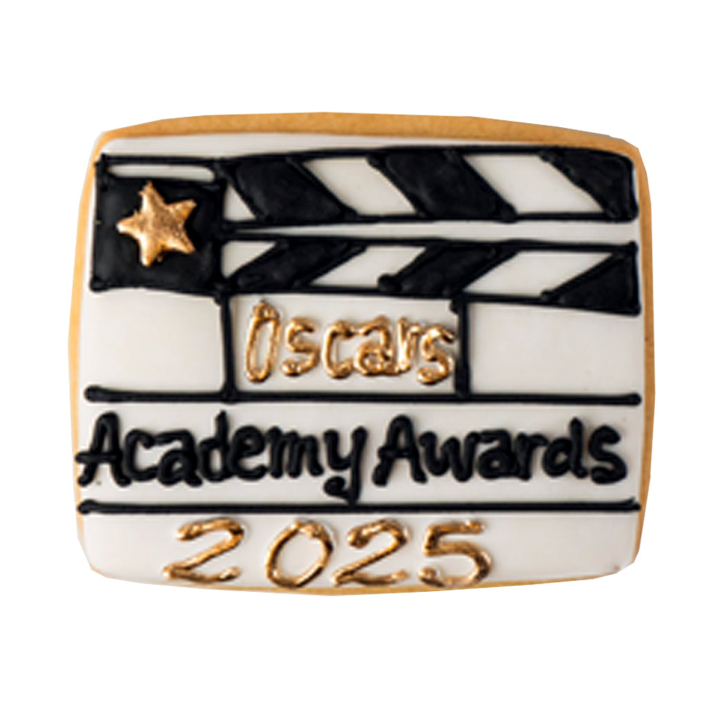 Academy Awards 2025 cookie with black and gold icing.