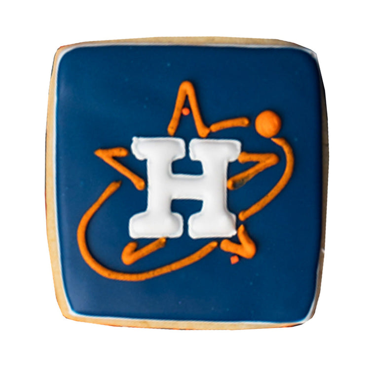 Astros H square cookie with blue icing and orange star logo