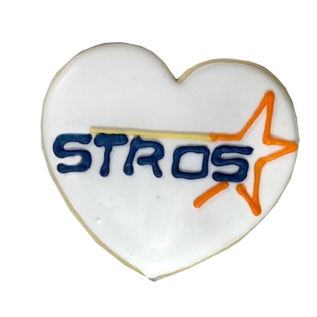 Astros heart-shaped cookie with white icing and logo.