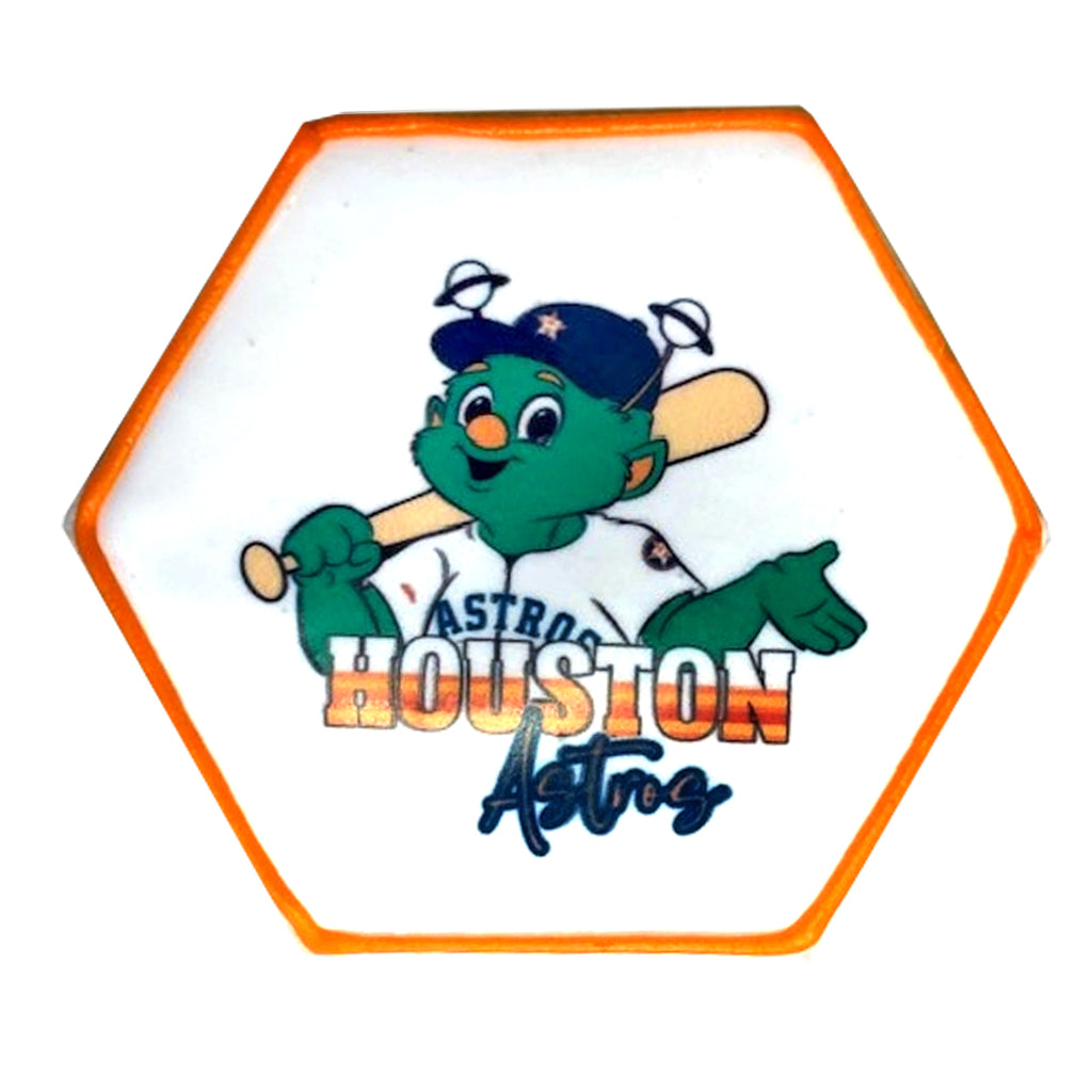 Hexagonal Astros cookie with Orbit mascot graphic