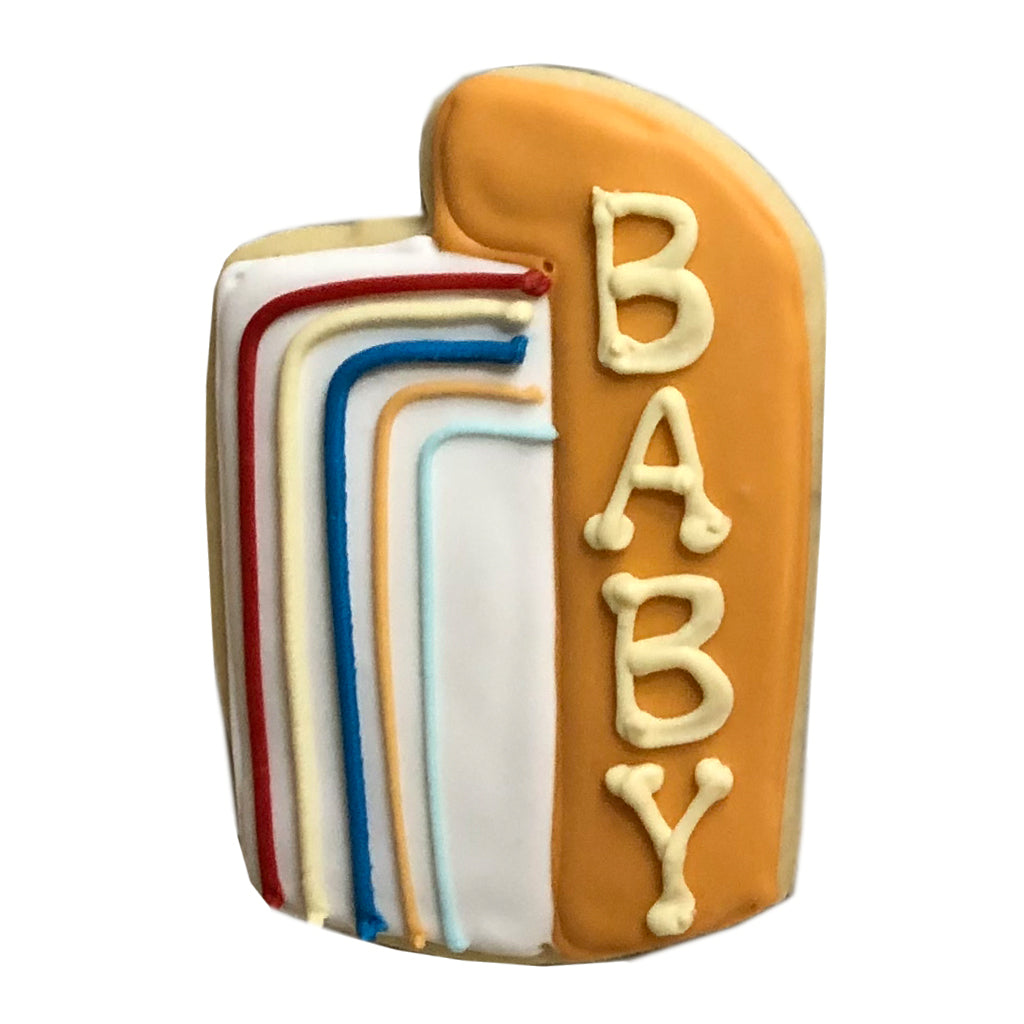 Baby Sign sugar cookie with rainbow and orange icing.