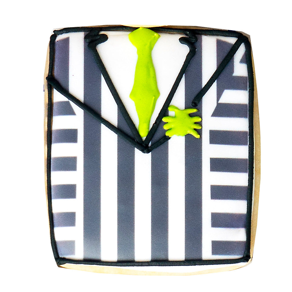Beetlejuice butter cookie with black and white striped suit design