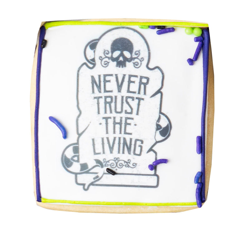 Beetlejuice butter cookie with tombstone design and sprinkles.