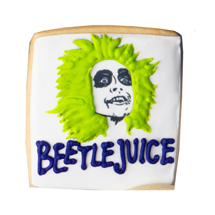 Beetlejuice butter cookie with green icing hair and logo.