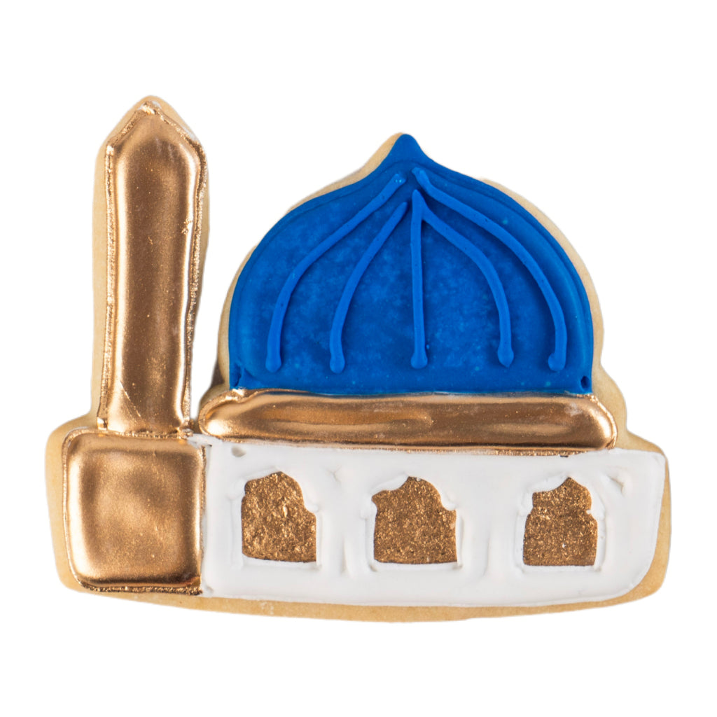 Mosque-shaped Ramadan butter cookie with blue and gold icing