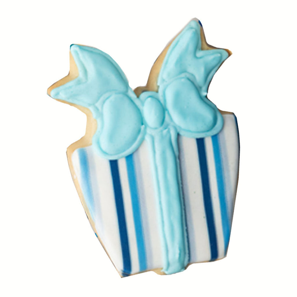 Blue present cookie with blue stripes and a light blue bow.