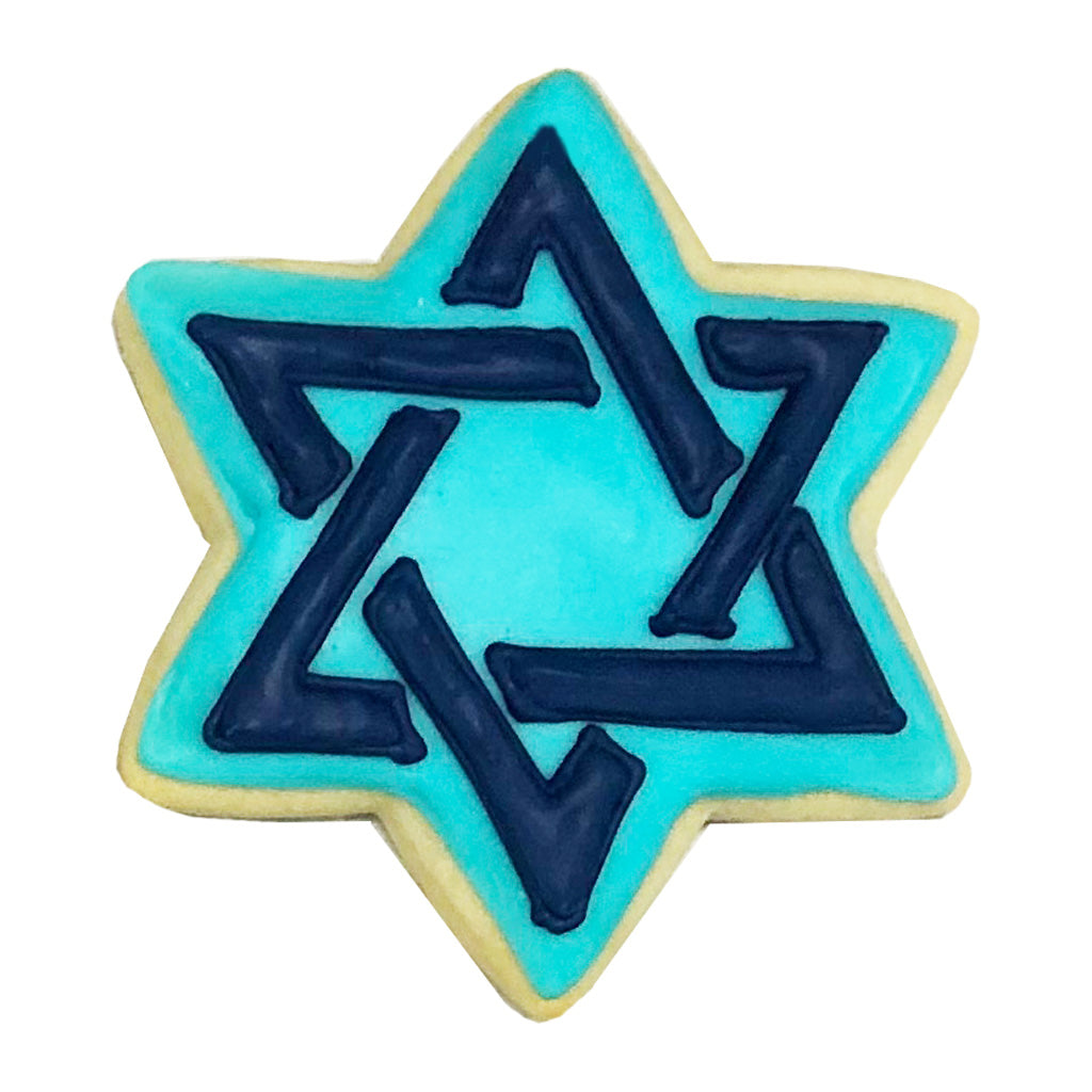 Star of David cookie with blue and navy icing.