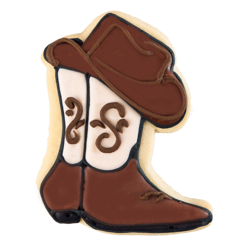 Rodeo theme gift box cookie shaped like a brown cowboy boot.