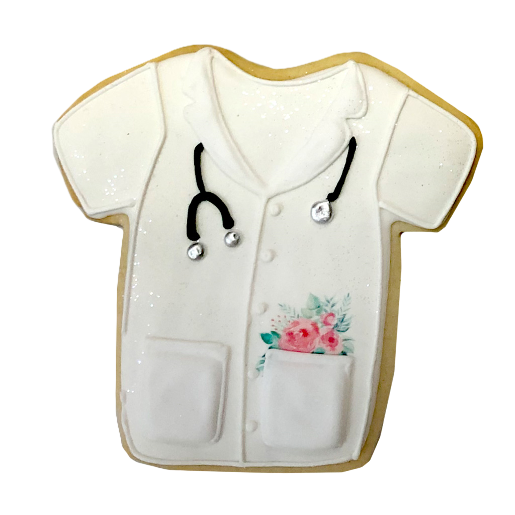 Doctors' Week scrub-shaped cookie with floral pocket detail.