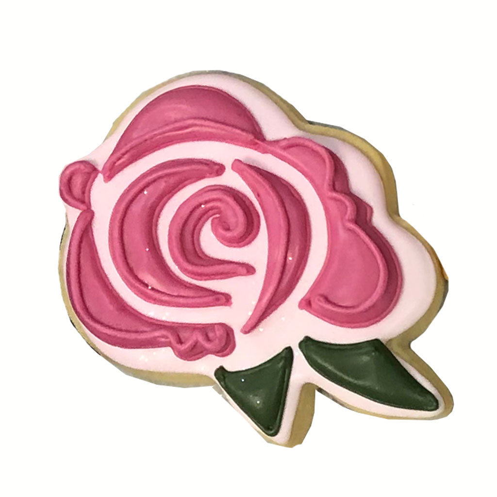 Hello 70 Flower cookie with pink rose icing and green leaves.