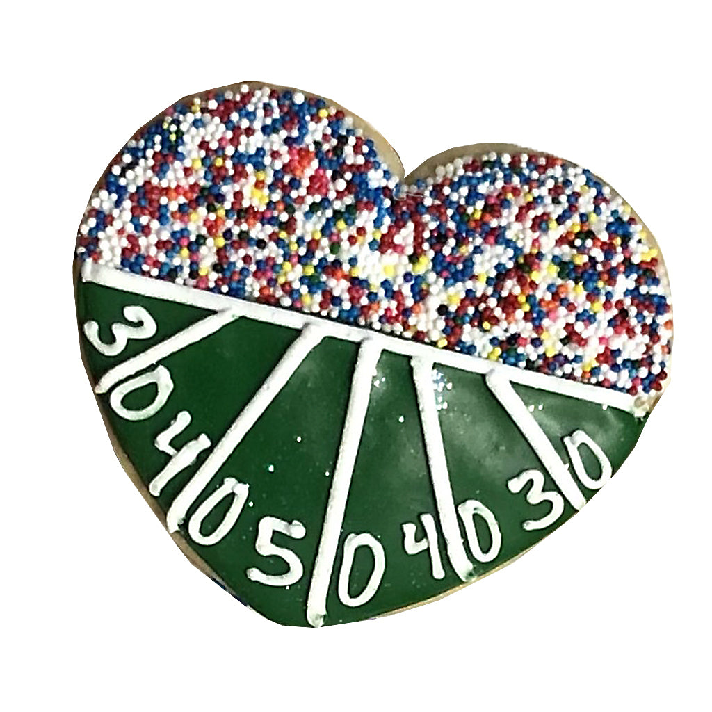 Swiftie Super Bowl heart cookie with green field icing