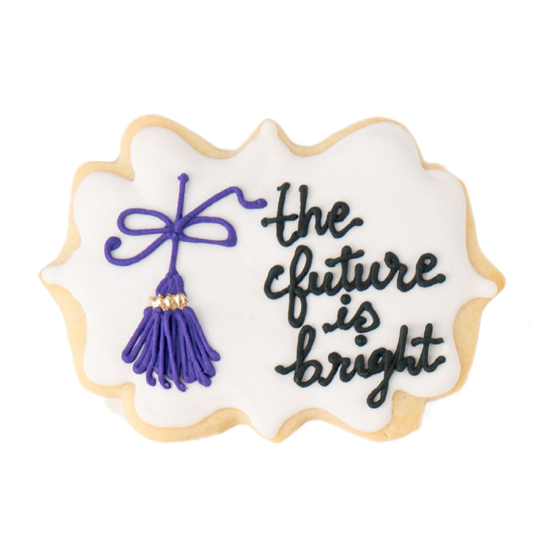Bright Future cookie with purple tassel and black lettering.