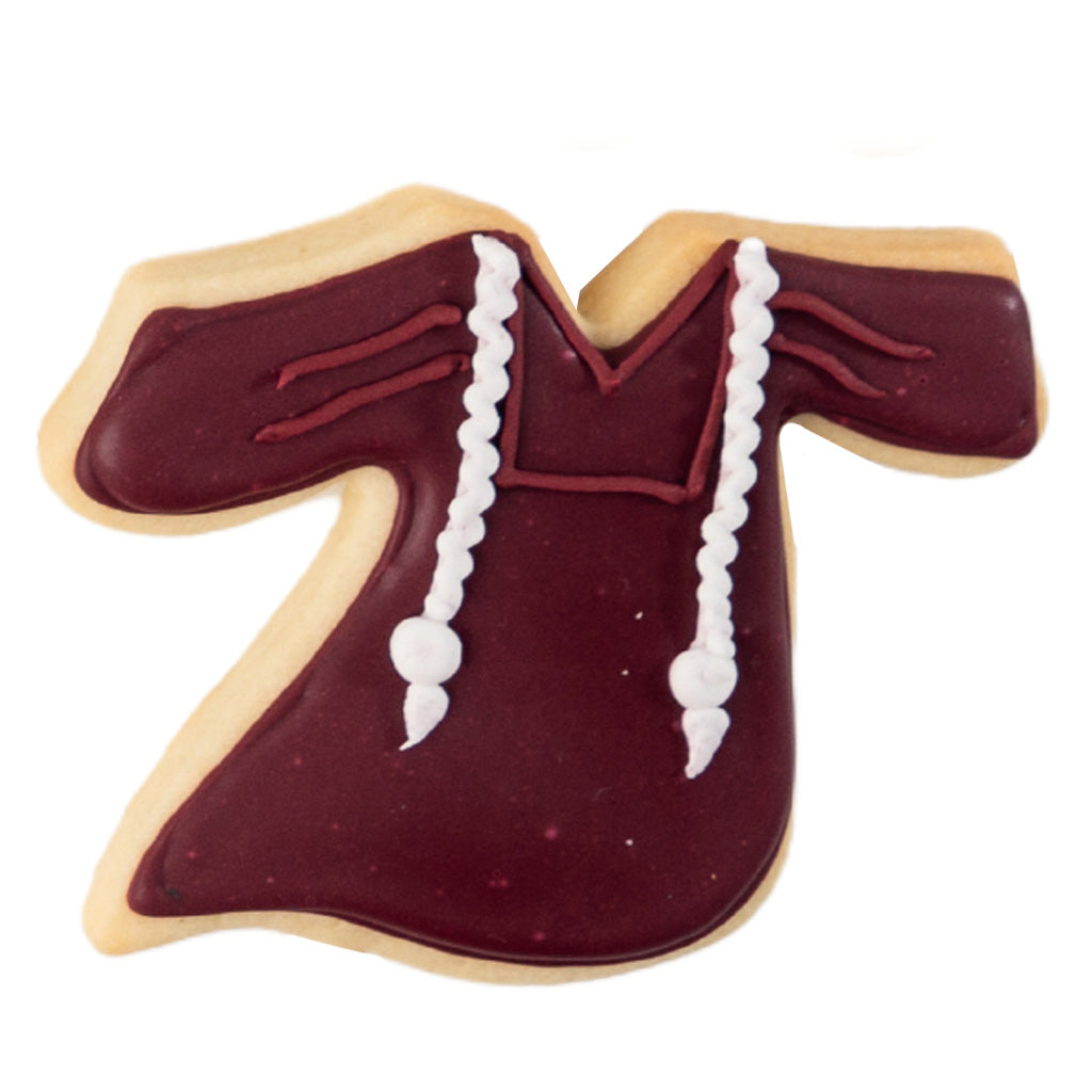 Maroon graduation gown cookie with white icing details