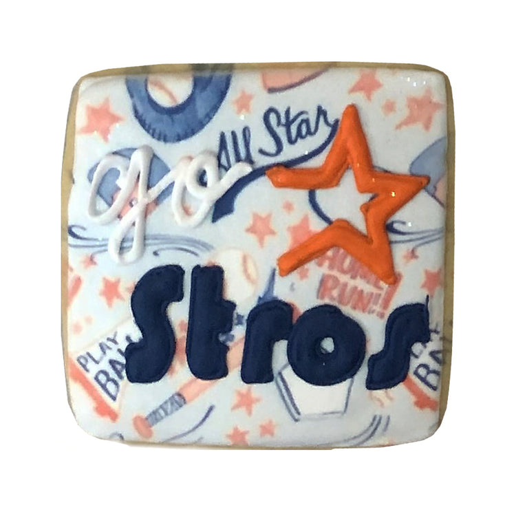 Go 'Stros plaque cookie with orange star and blue lettering.