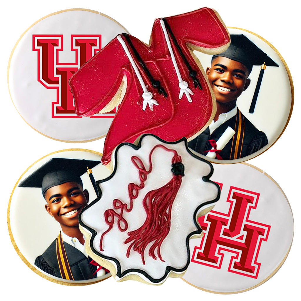 Graduation cookie gift box with red and white school themes.
