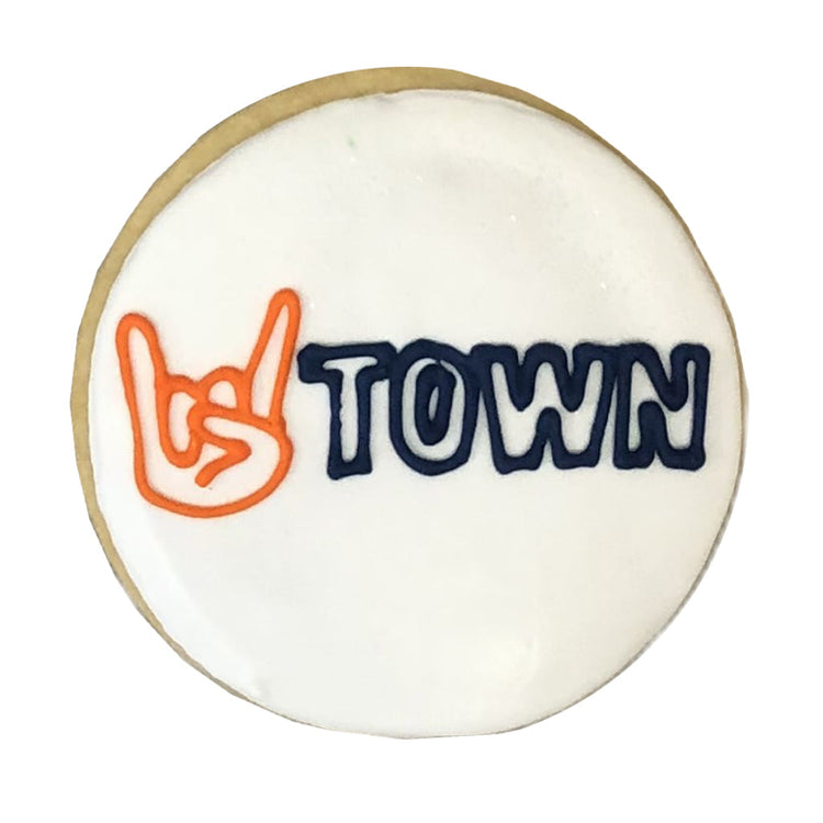 Astros H-Town round sugar cookie with orange and navy icing.