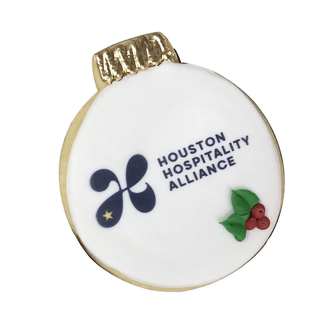Houston Hospitality Alliance ornament cookie with icing.