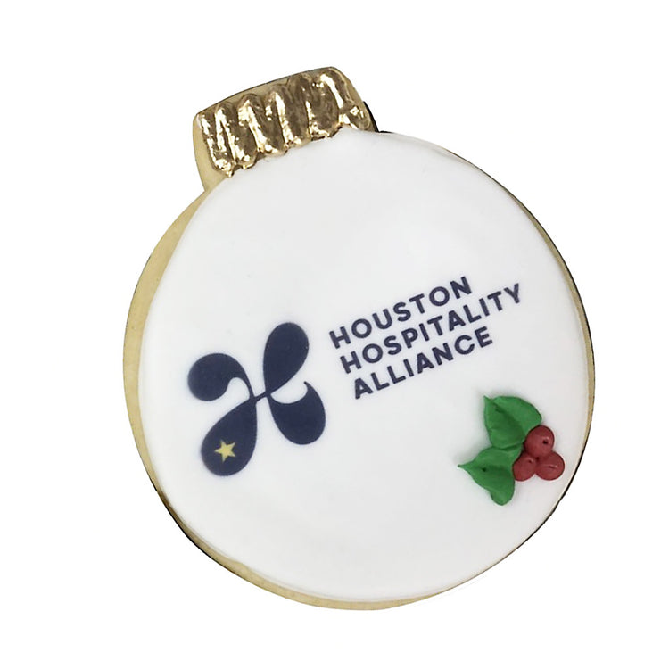 Houston Hospitality Alliance ornament cookie with icing.
