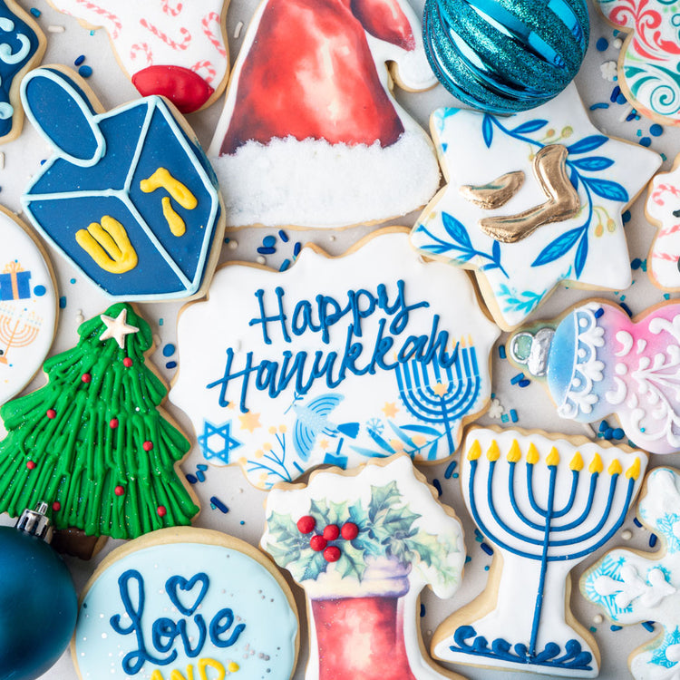 Interfaith butter cookies with holiday-themed icing designs.