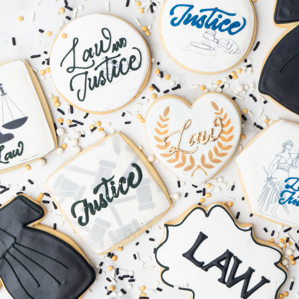 Law and justice themed sugar cookies with icing decorations.