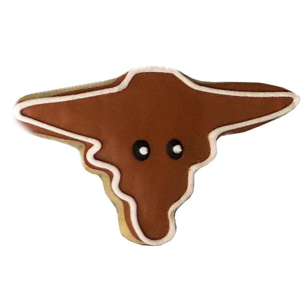 Longhorn cookie with brown icing and white piping.
