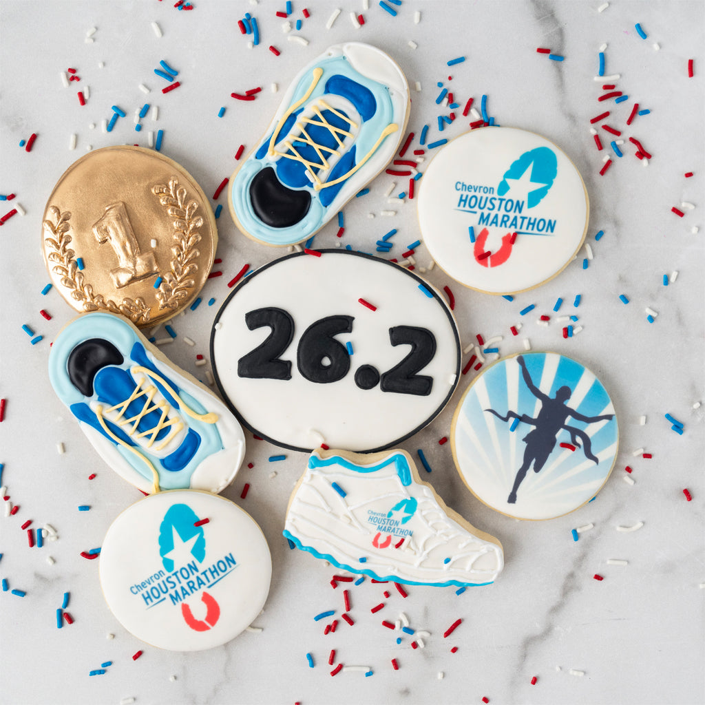 Chevron Houston Marathon cookies with running-themed designs.