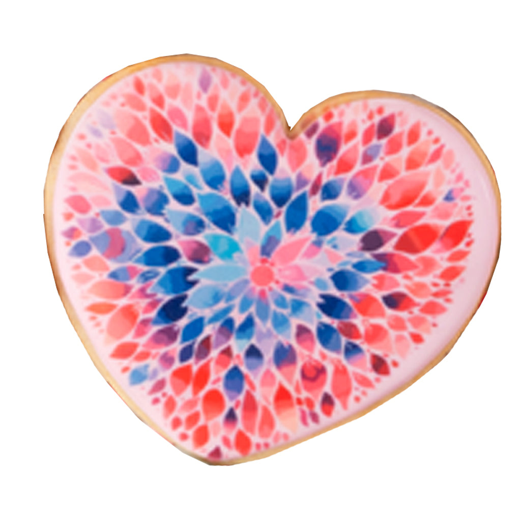 Heart-shaped cookie with a colorful floral pattern
