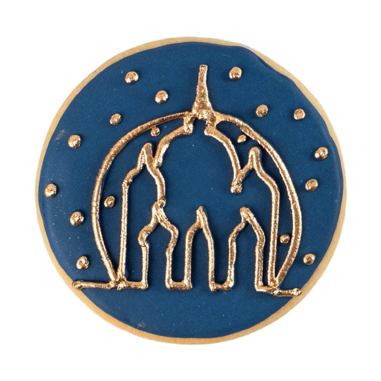Ramadan butter cookie with gold mosque design on blue icing