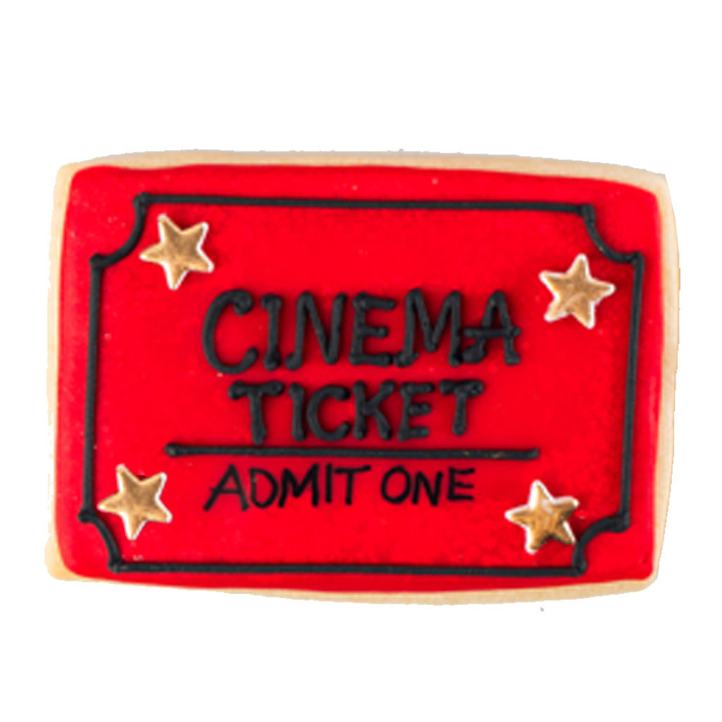 Academy Awards cookie shaped like a red cinema ticket.