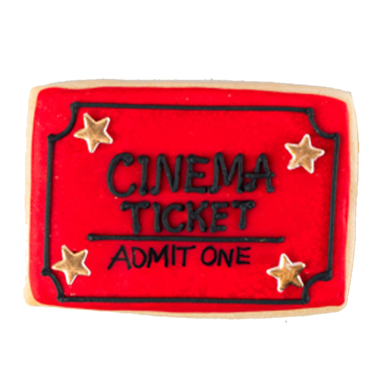 Academy Awards cookie shaped like a red cinema ticket.