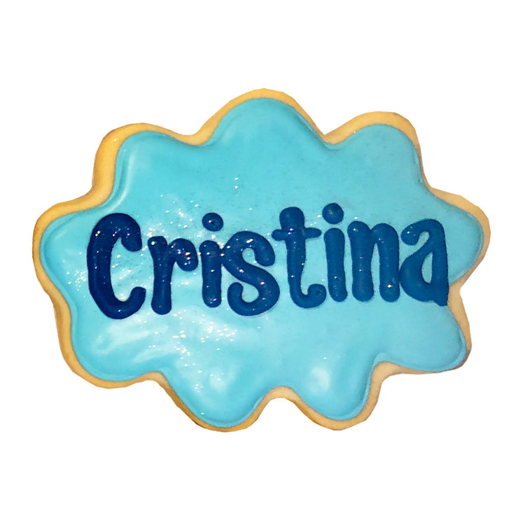 Name and initial plaque cookie with blue icing and lettering.