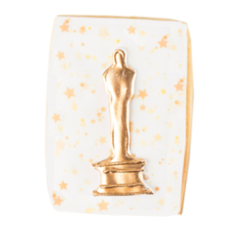 Academy Awards cookie with a gold trophy and star pattern.