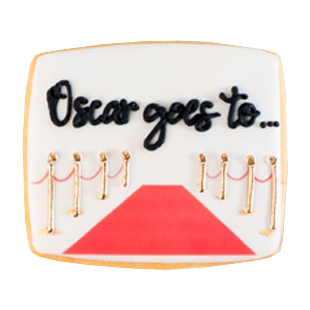Academy Awards cookie with red carpet and stanchion design.