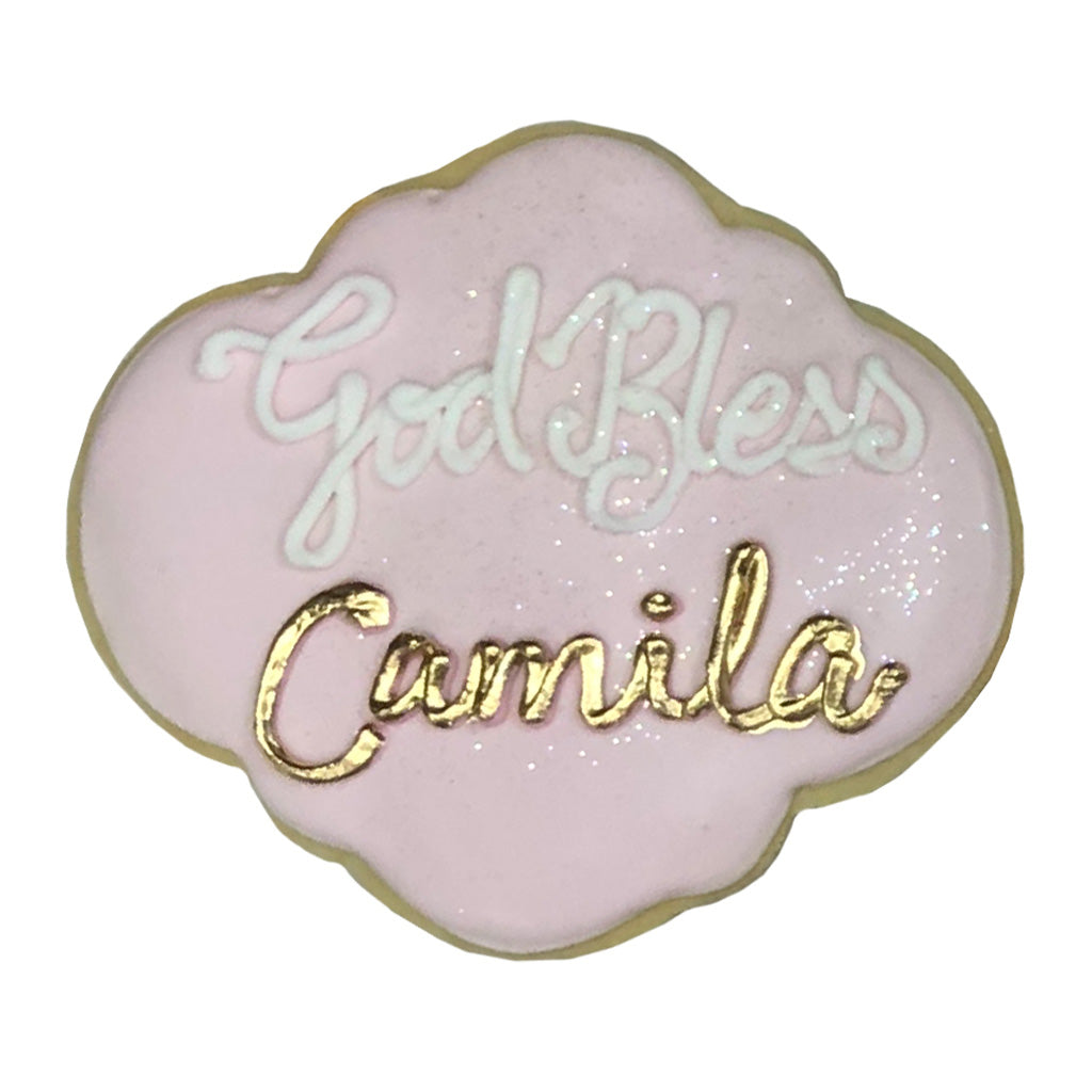 God Bless plaque cookie with pink icing and gold name Camila