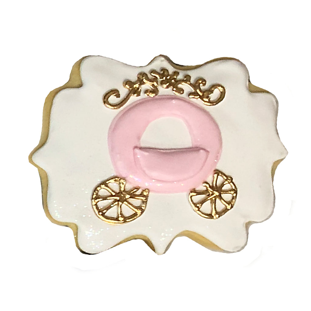 Princess theme cookie with a pink and gold carriage design.