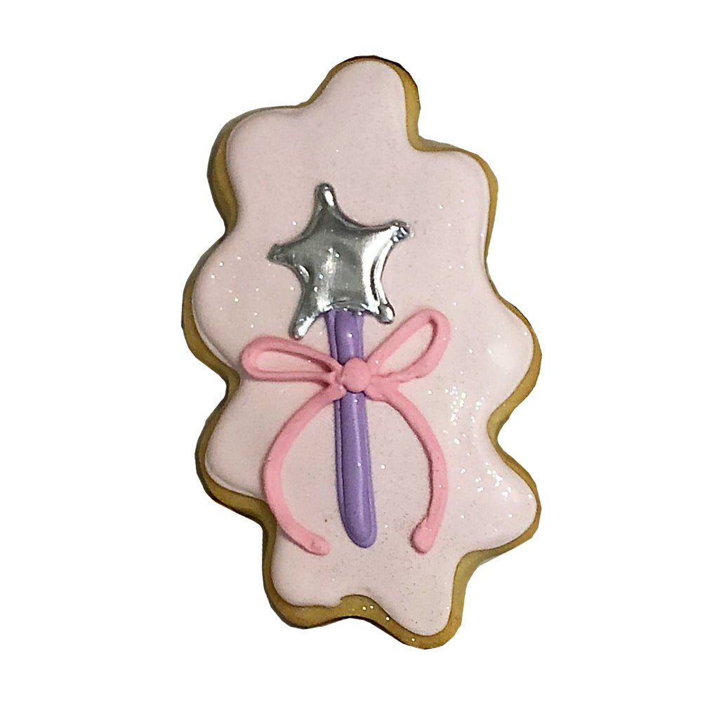 Princess theme cookie with a silver star wand and pink bow.