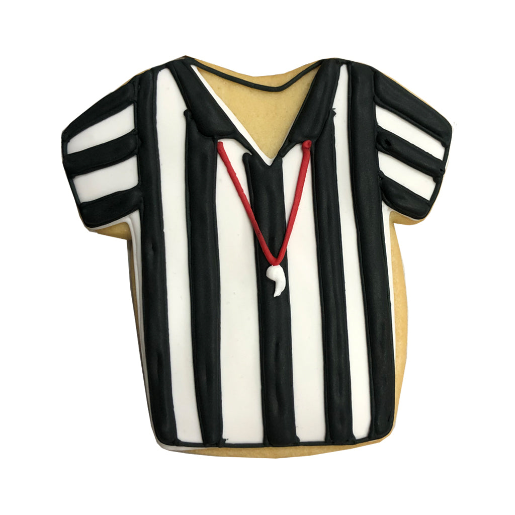 Game Day Referee Jersey cookie with red whistle icing.