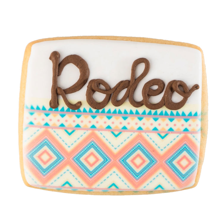 Texas Rodeo icon cookie with colorful geometric patterns.