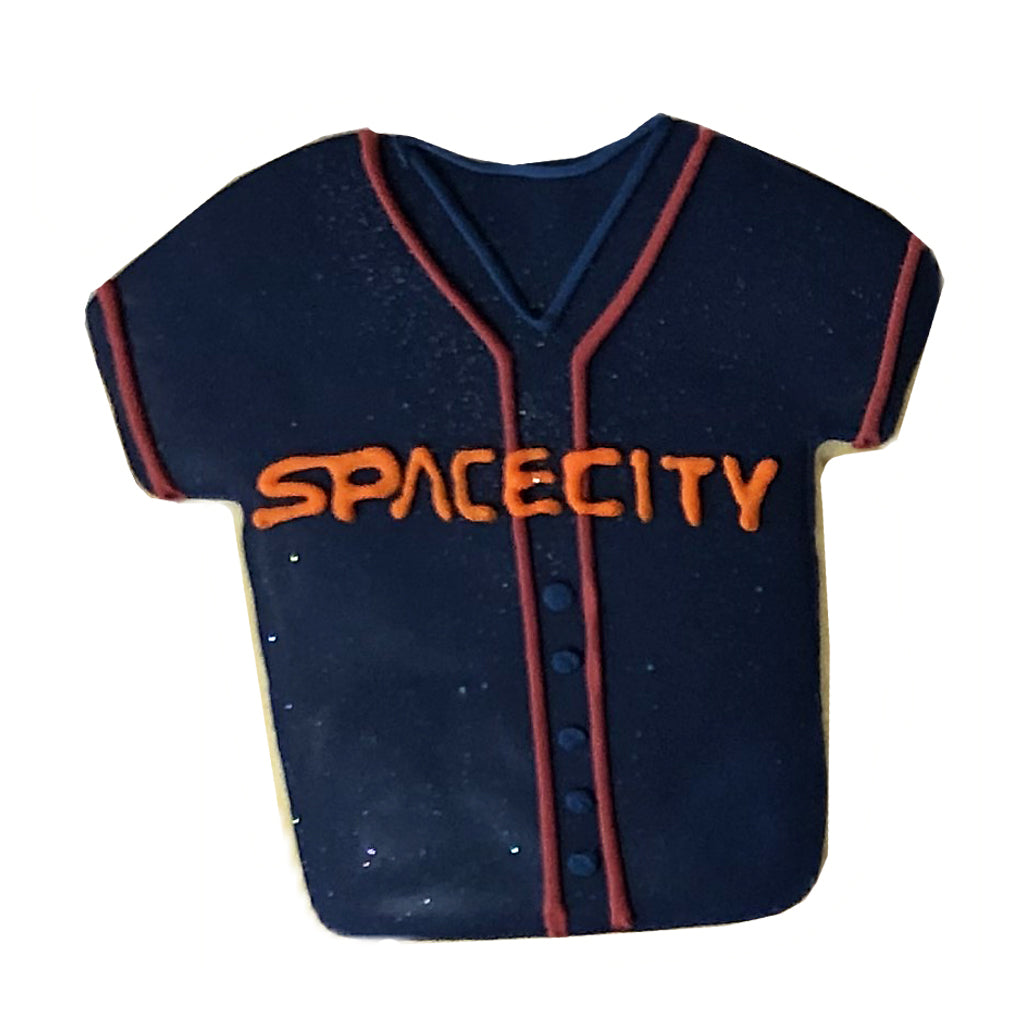 Astros Cookies shaped like a navy blue baseball jersey