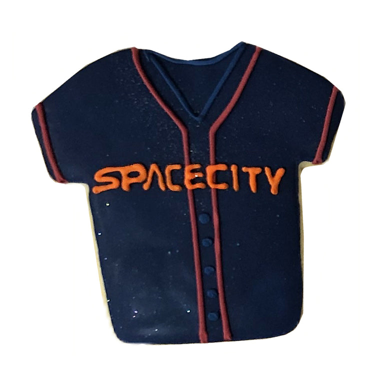 Astros Cookies shaped like a navy blue baseball jersey