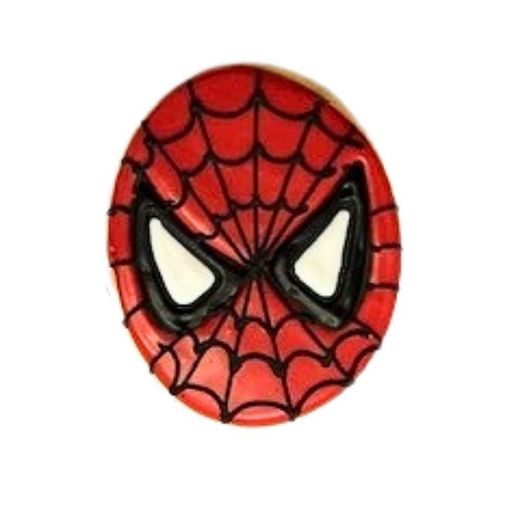 Spiderman birthday gift set cookie with red web icing.
