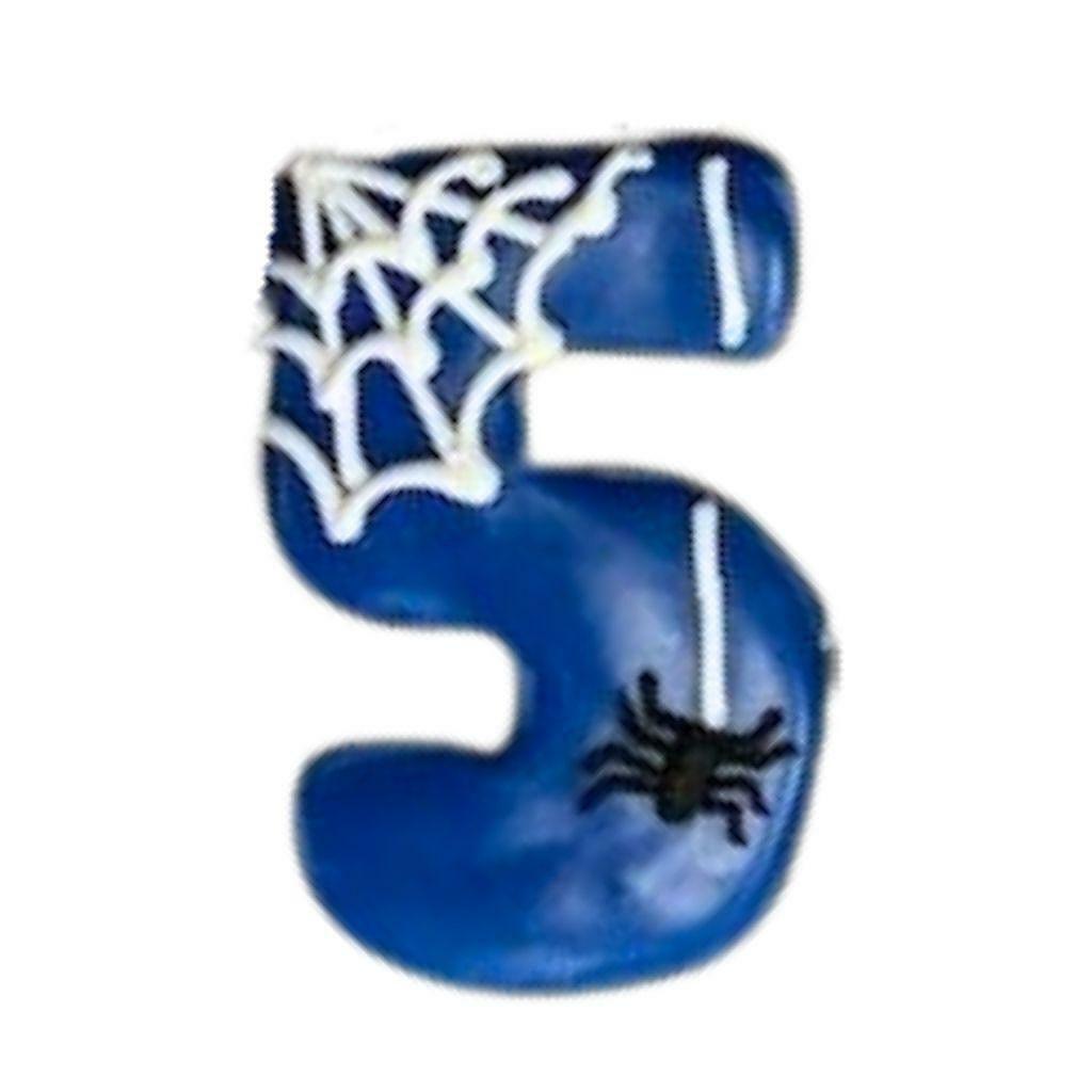 Blue number 5 Spiderman birthday candle with web and spider.