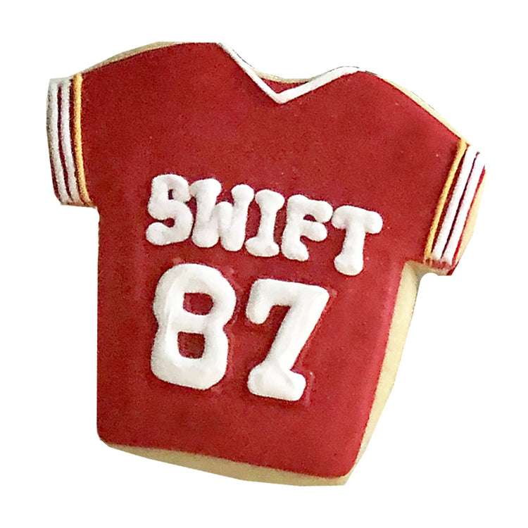 Swelce jersey cookie with red icing and white 87 detail.