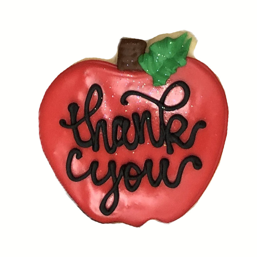 Apple-shaped Teacher Appreciation cookie with Thank You icing.
