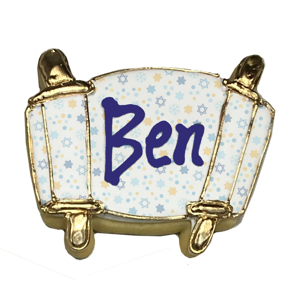 Bar Mitzvah Torah scroll pin with blue Ben name and star pattern.