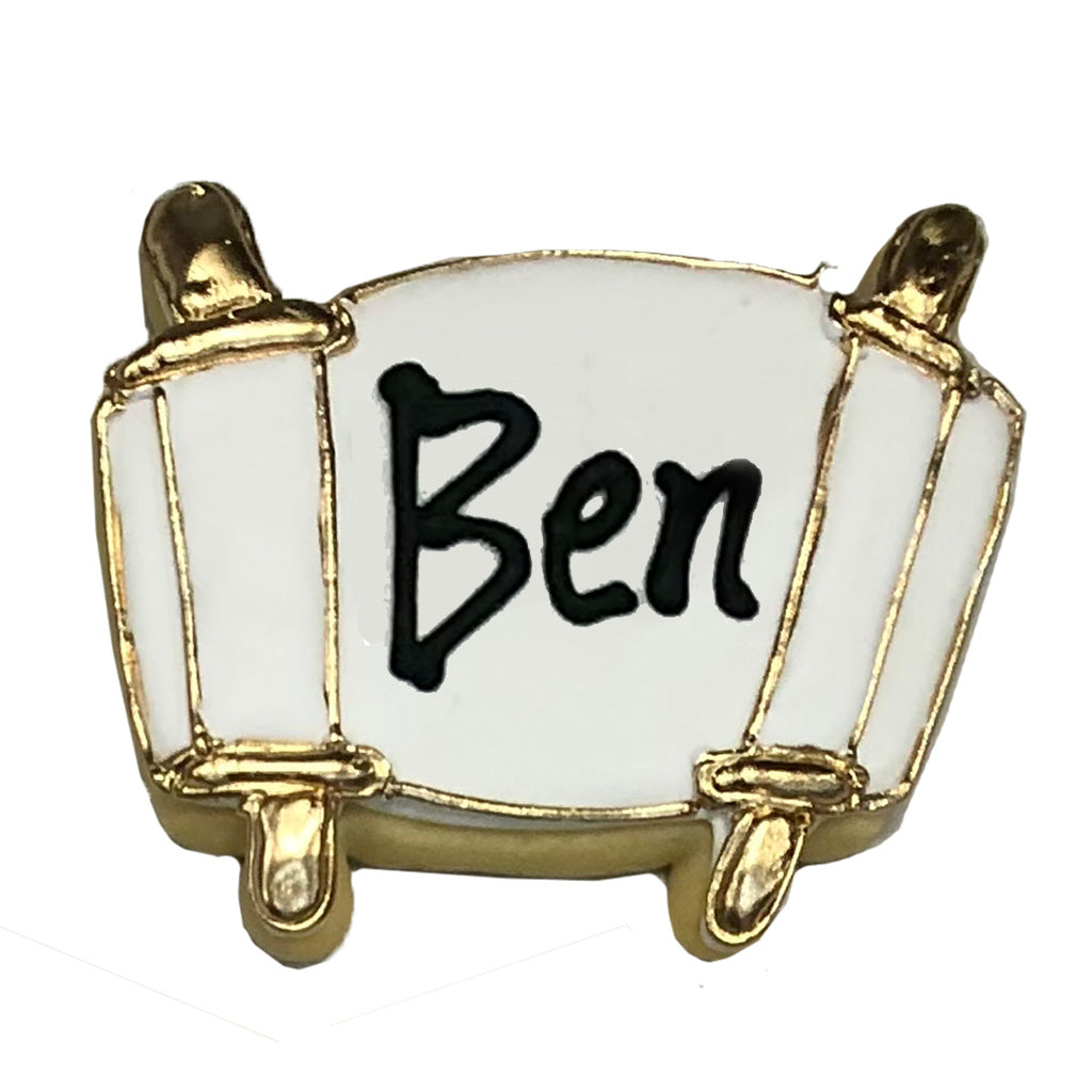 Bar Mitzvah Torah scroll pin with gold trim and name Ben
