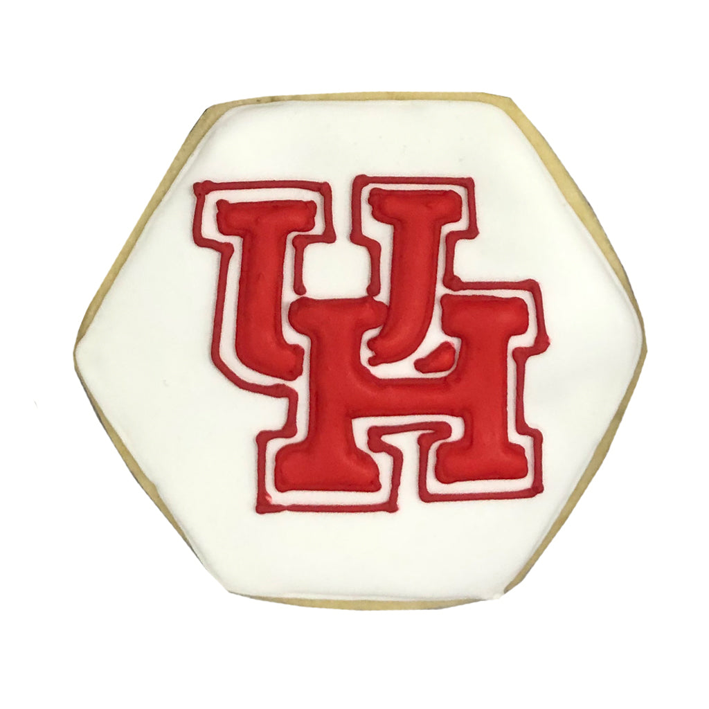 Hexagonal cookie with hand-decorated red UH college logo.