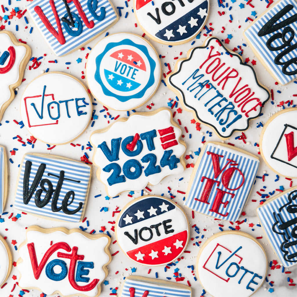 Assorted Vote cookies with red, white, and blue icing.