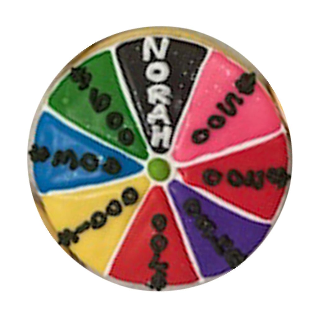 Wheel of Fortune birthday cake with colorful icing segments.