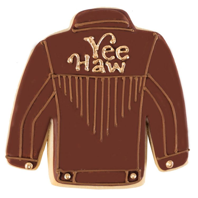 Cowboy Couture cookie shaped like a brown fringed jacket.